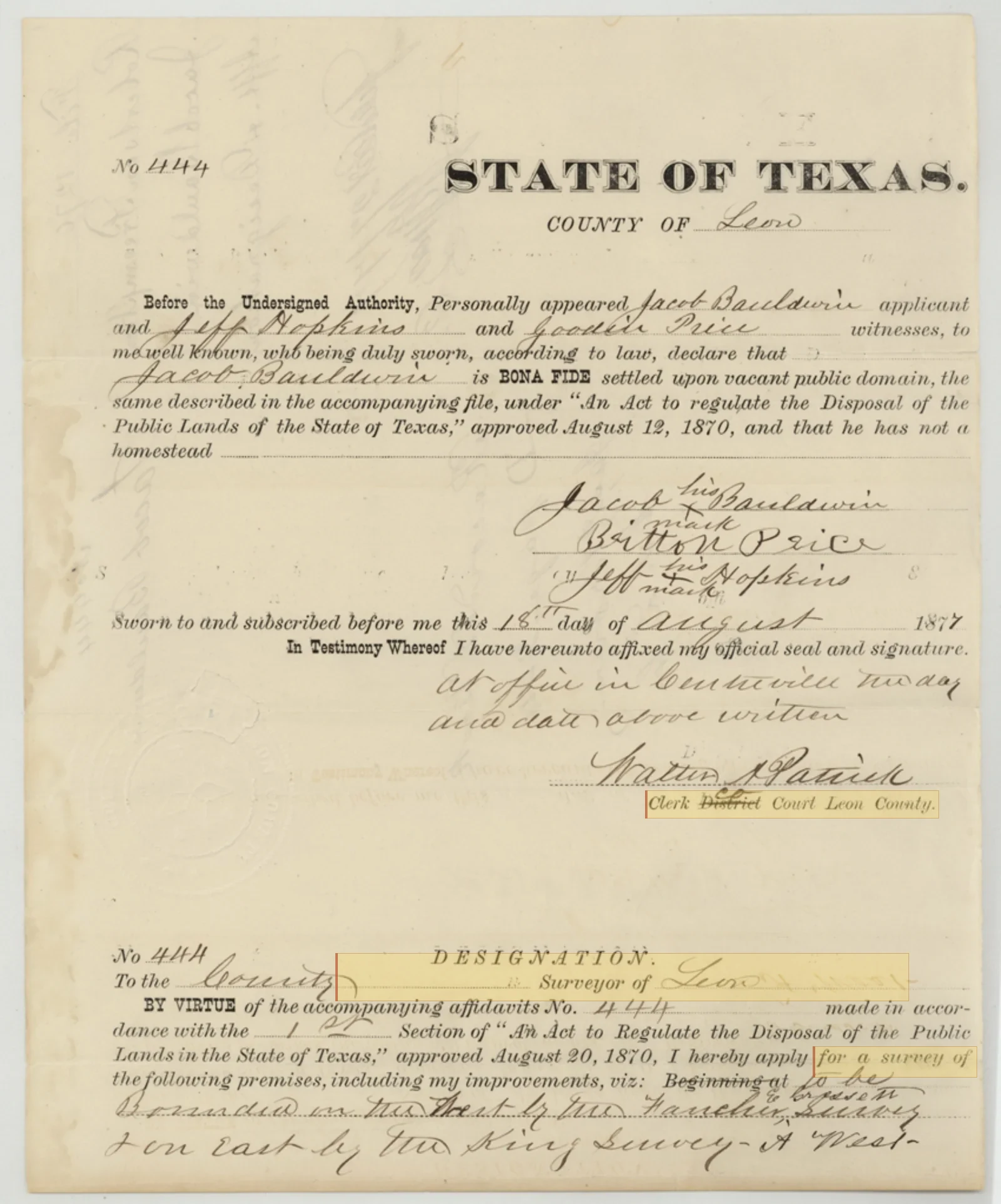 Baldwin, Jacob Original Cursive Land Grant & Field Notes (Leon County, Abstract A-1002)